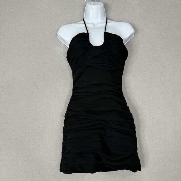 Zara Womens Dress Small Black Ruched Tie Back Halter Bodycon Mini Cocktail Club - Picture 1 of 14